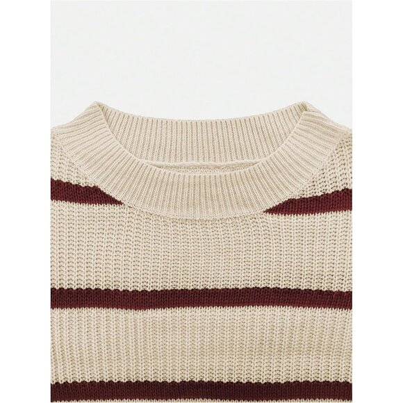 Women's Off Shoulder Sweater Knit Color Block Striped Long Sleeve Cozy - Picture 6 of 7